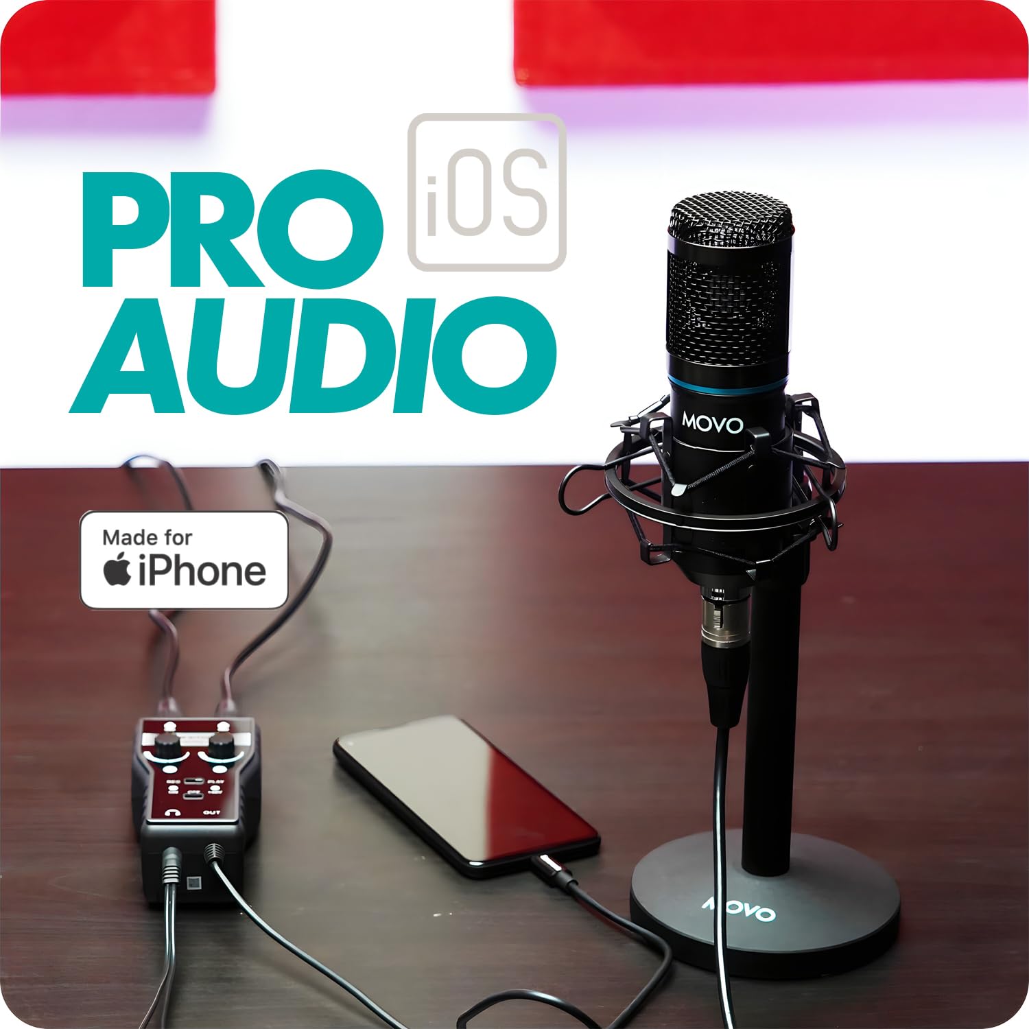 Movo iPhone Podcast Equipment Bundle - 2 Pack Condenser Microphones, 2 Desktop Mic Stands, 2 Pop Filters, 2-Channel XLR Interfac